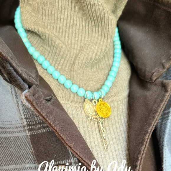 Silver charms turquoise statement necklace/boho - Picture 4 of 5